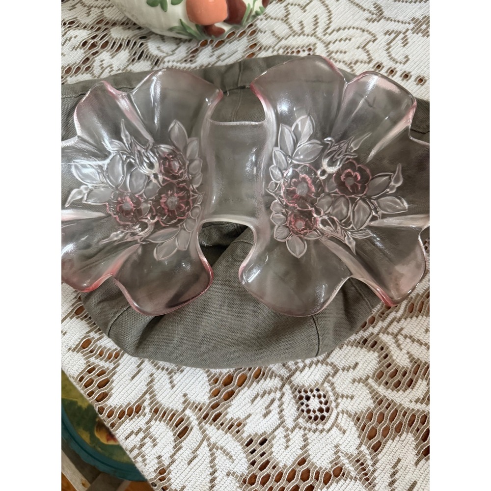 Vintage Pink Frosted Glass Double Nut Dish Floral Rose Scalloped Candy Tray